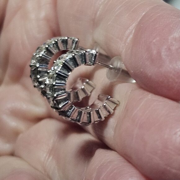 Origami Owl  Silver Tone Crystal Baguette Mini Hoop Earrings - Picture 2 of 12